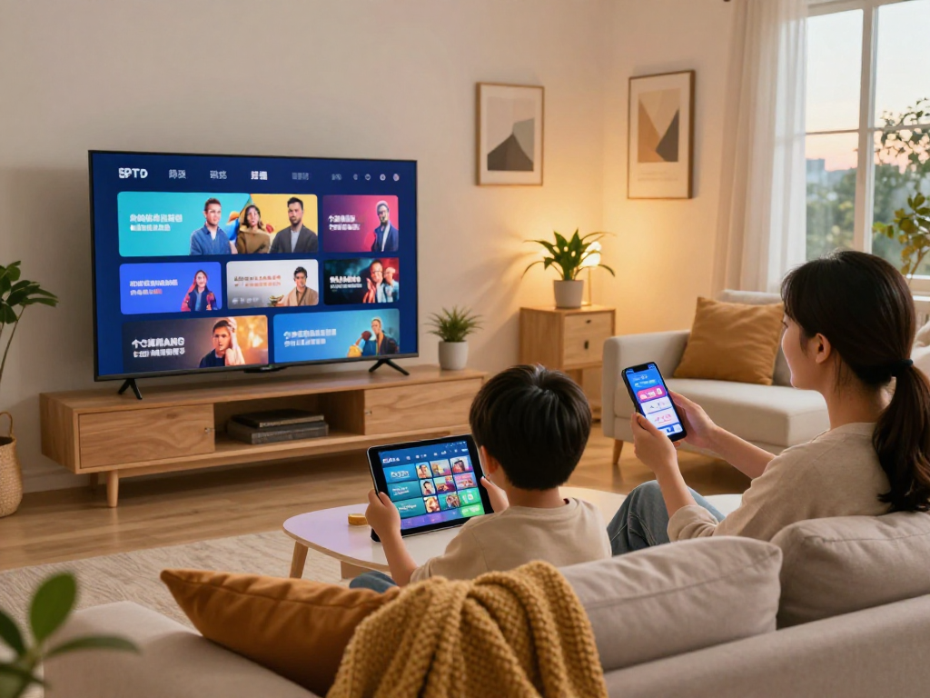 Utilisation de l'Atlas Pro iOS pour regarder la télévision en famille sur un Smart TV dans un salon confortable.