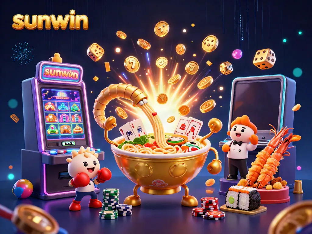 Experience the excitement of sunwin with a dynamic 3D illustration featuring a golden ramen bowl dealer amidst casino action.