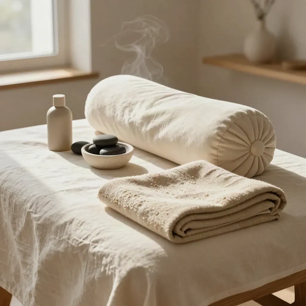 Table de massage prête avec linge de lin, coussin cervical, pierres volcaniques et huile neutre.
