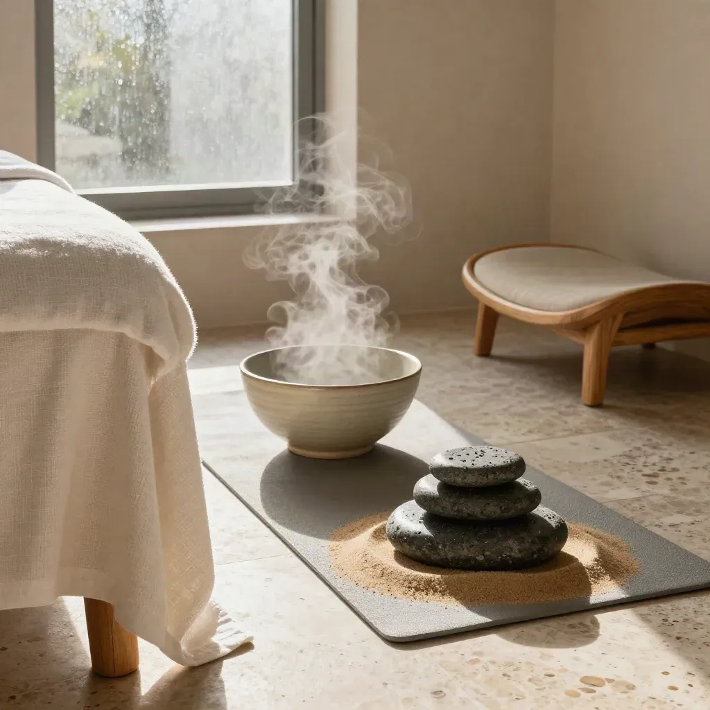 Suite spa française avec table de massage en lin, serviettes, pierres chaudes et lumière d’aube.