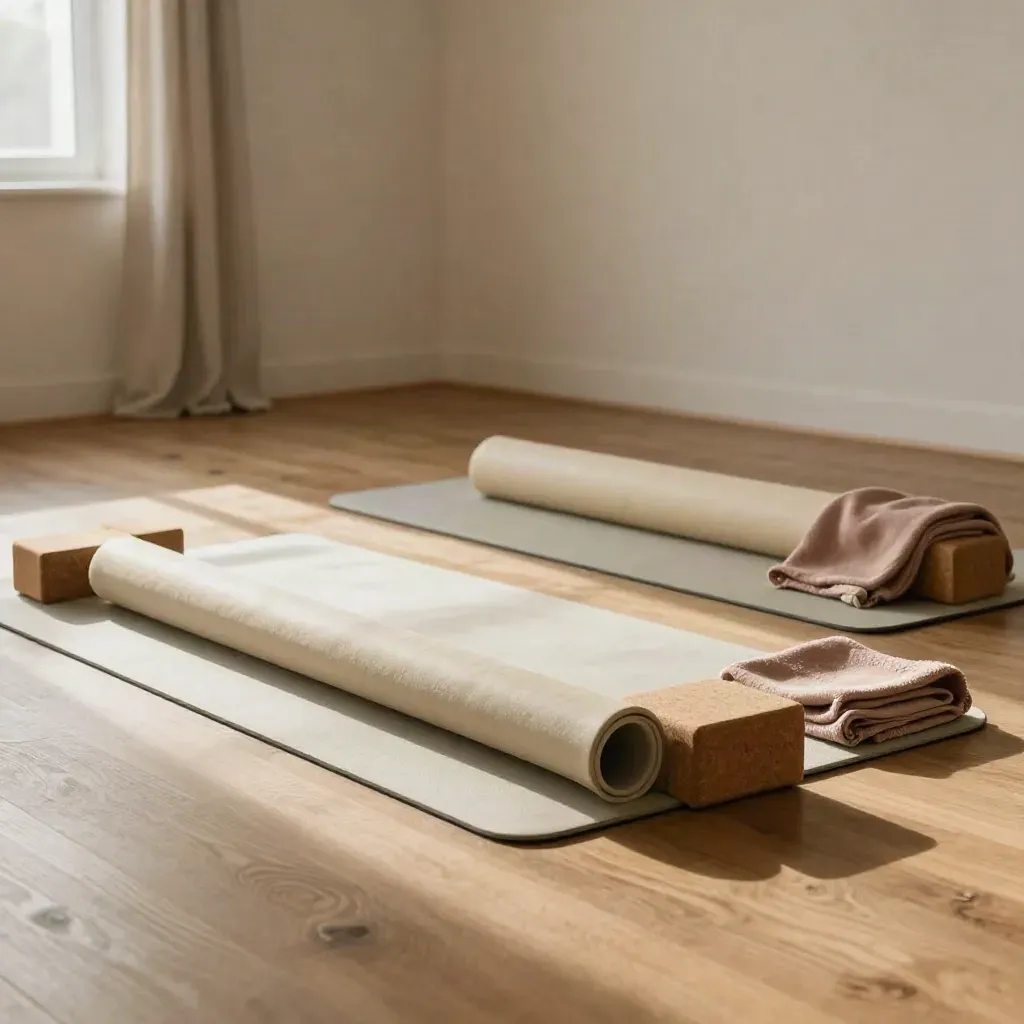 Salle de yoga vide avec trois tapis, blocs en liège, bolster et couverture rose poudré.