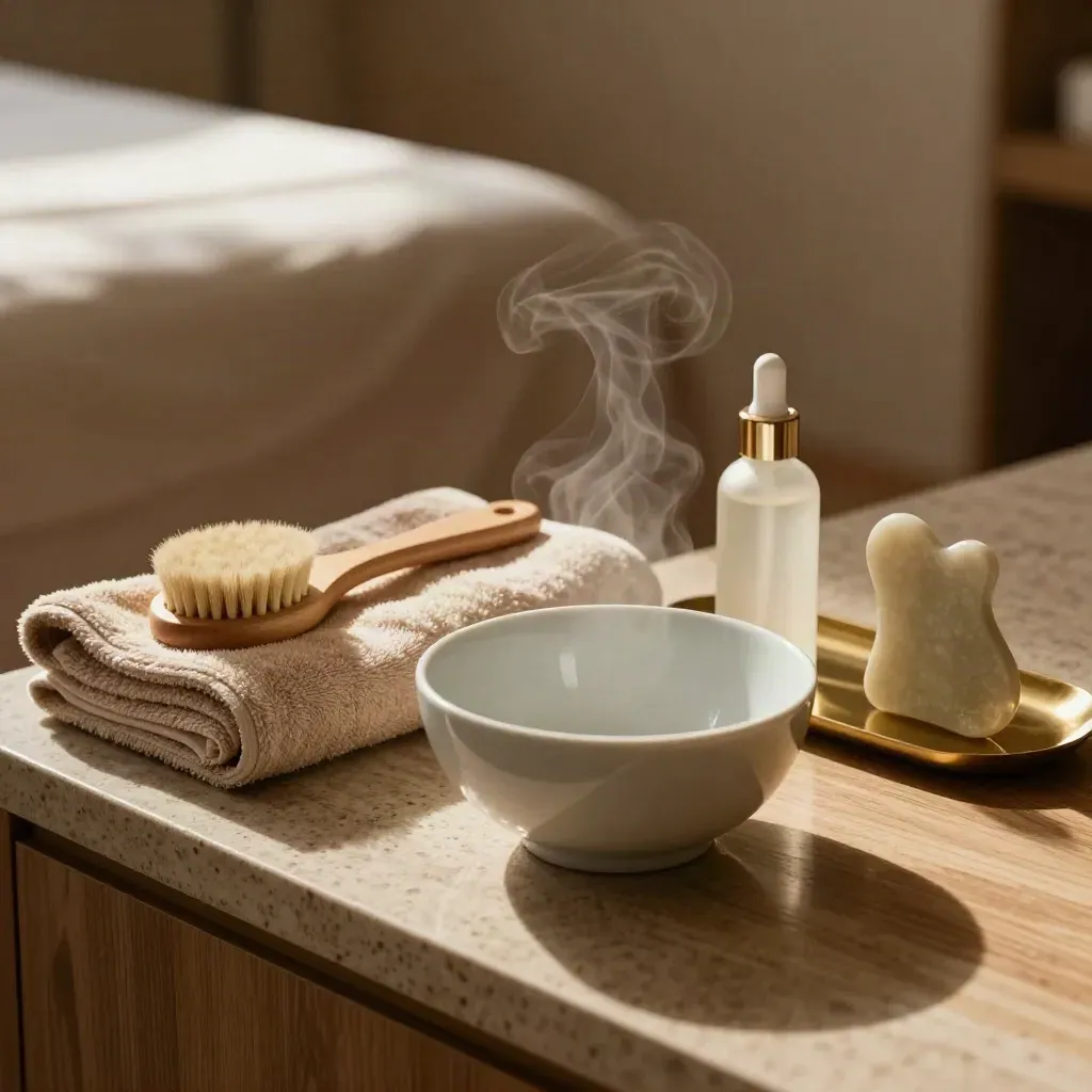 Poste de soin du visage avec bol en porcelaine, serviettes chaudes et sérum clair.