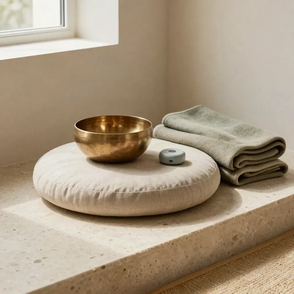 Coin de méditation avec bol chantant, coussin de sol, laine pliée et lumière douce.
