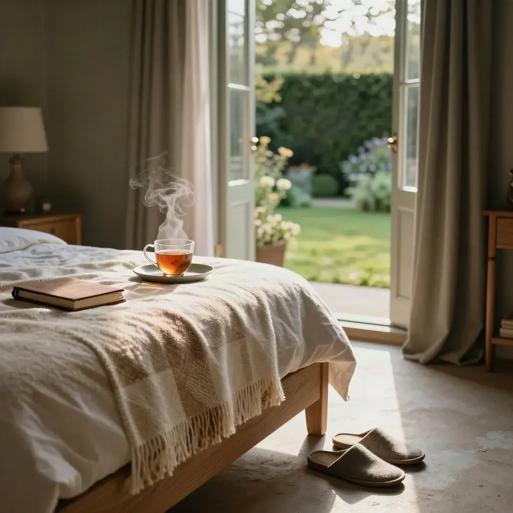 Chambre de retraite avec lit bas, tisane fumante, chaussons en feutre et fenêtre sur jardin.