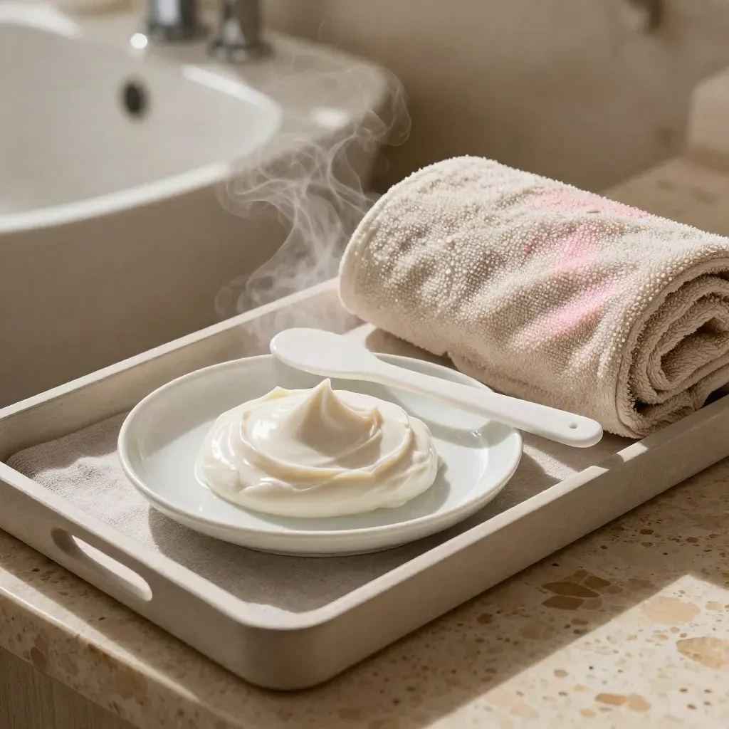 Plateau de soin visage avec crème, spatule en céramique, serviette chaude et verre givré perlé.