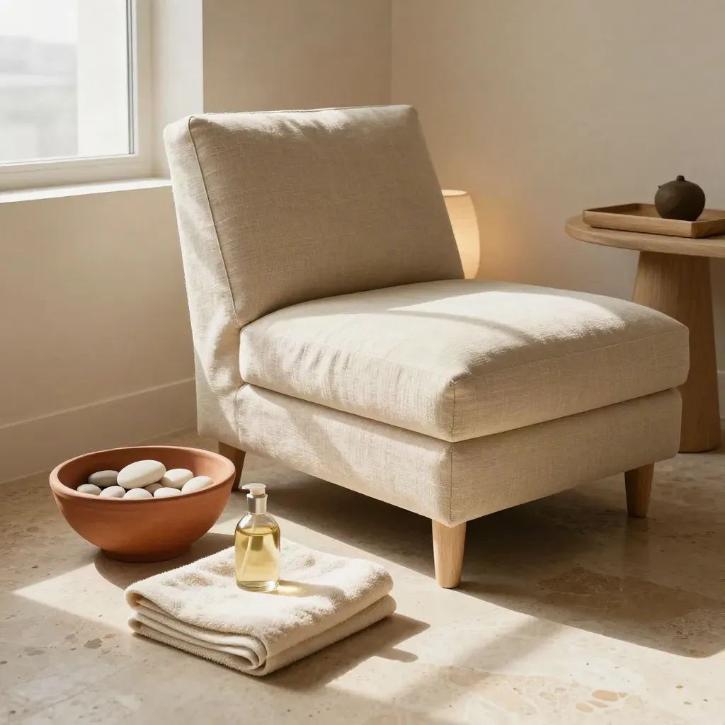 Fauteuil bas de consultation anti-stress avec bol en terre cuite, pierres lisses et huile neutre dans une lumière douce.