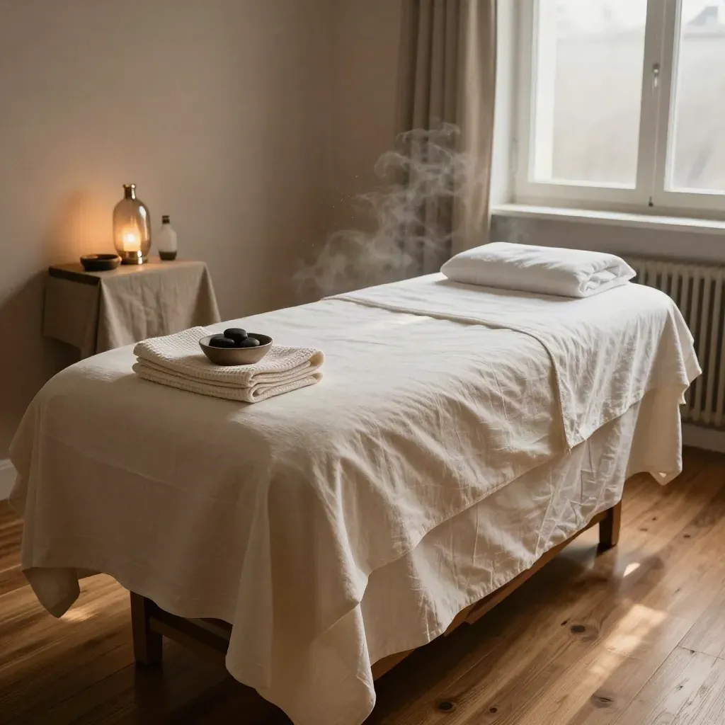 Salle de massage à Lyon, lit refait, serviettes pliées, lampe allumée, lumière douce du soir.