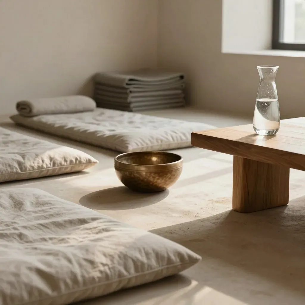 Salle de pause bien-être vide, coussins, bol chantant, tapis pliés et carafe d’eau.