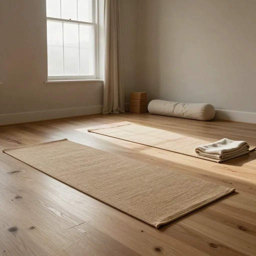 Studio de yoga vide au soir, deux tapis, bolster, briques de liège et couverture pliée près d’une baie claire.