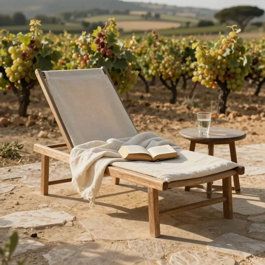 Terrasse provençale vide avec chaise longue en lin, plaid, livre fermé et verre d’eau au soleil couchant.