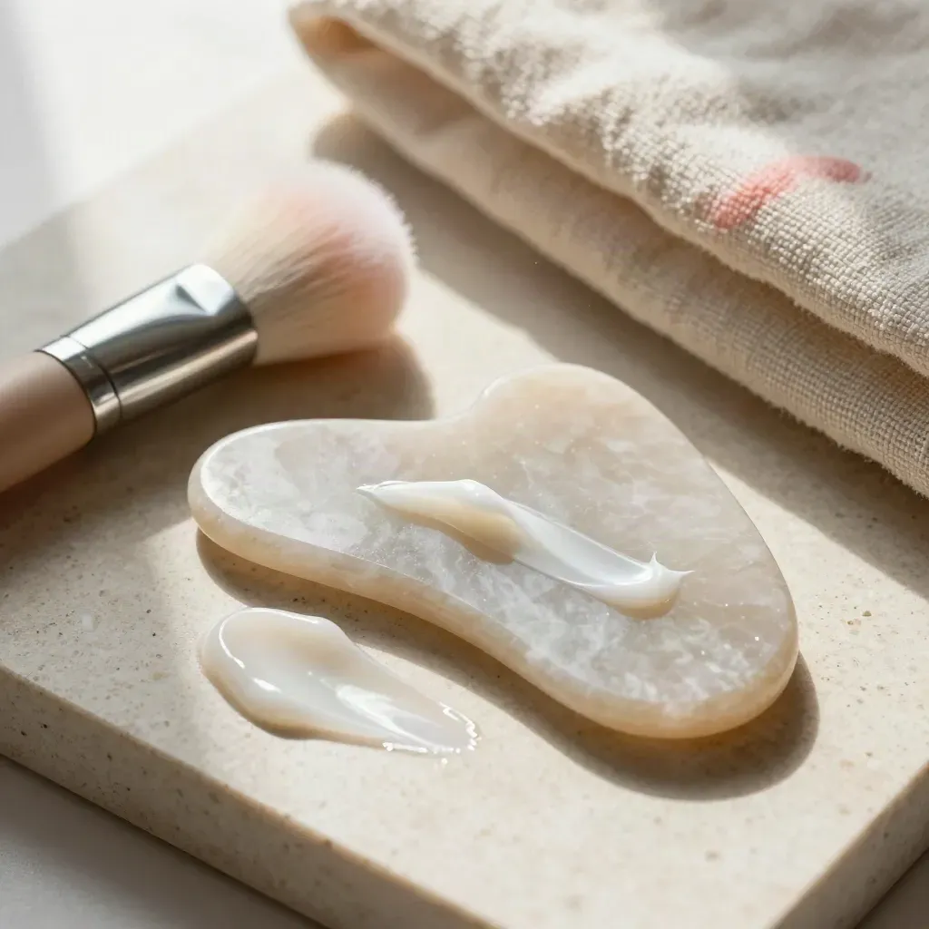 Pierre de gua sha, pinceau et crème sur linge de lin froissé, gros plan spa.