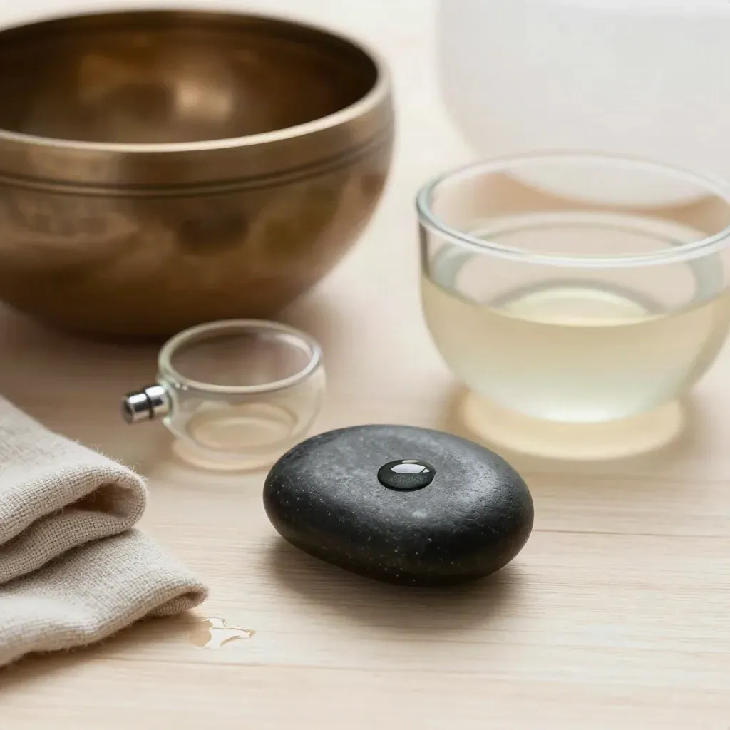 Galet noir huilé près d’un bol chantant et d’un diffuseur en verre sur bois pâle.