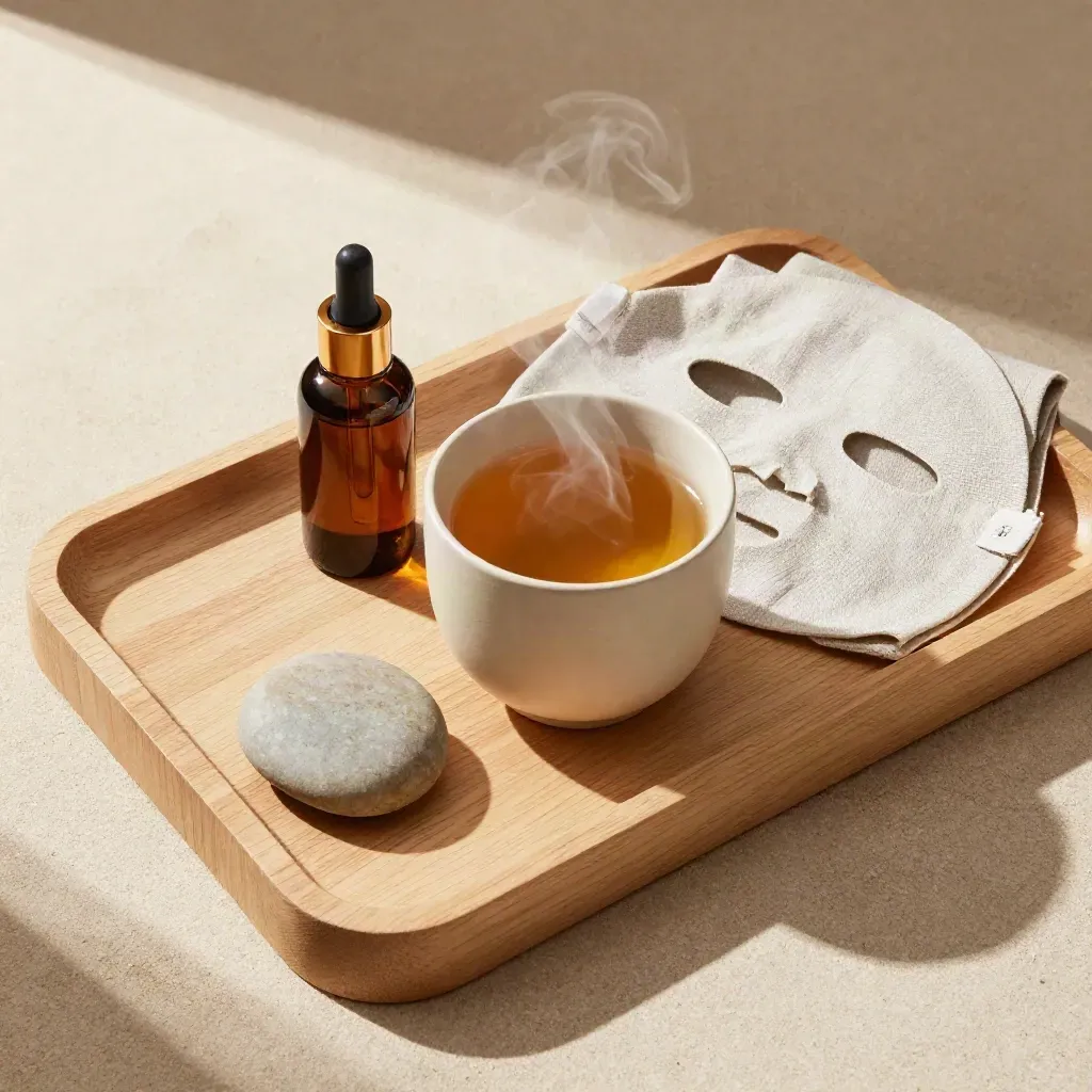 Vue de dessus d’une infusion, d’un flacon ambré, d’un masque en lin et d’une pierre sur bois clair.