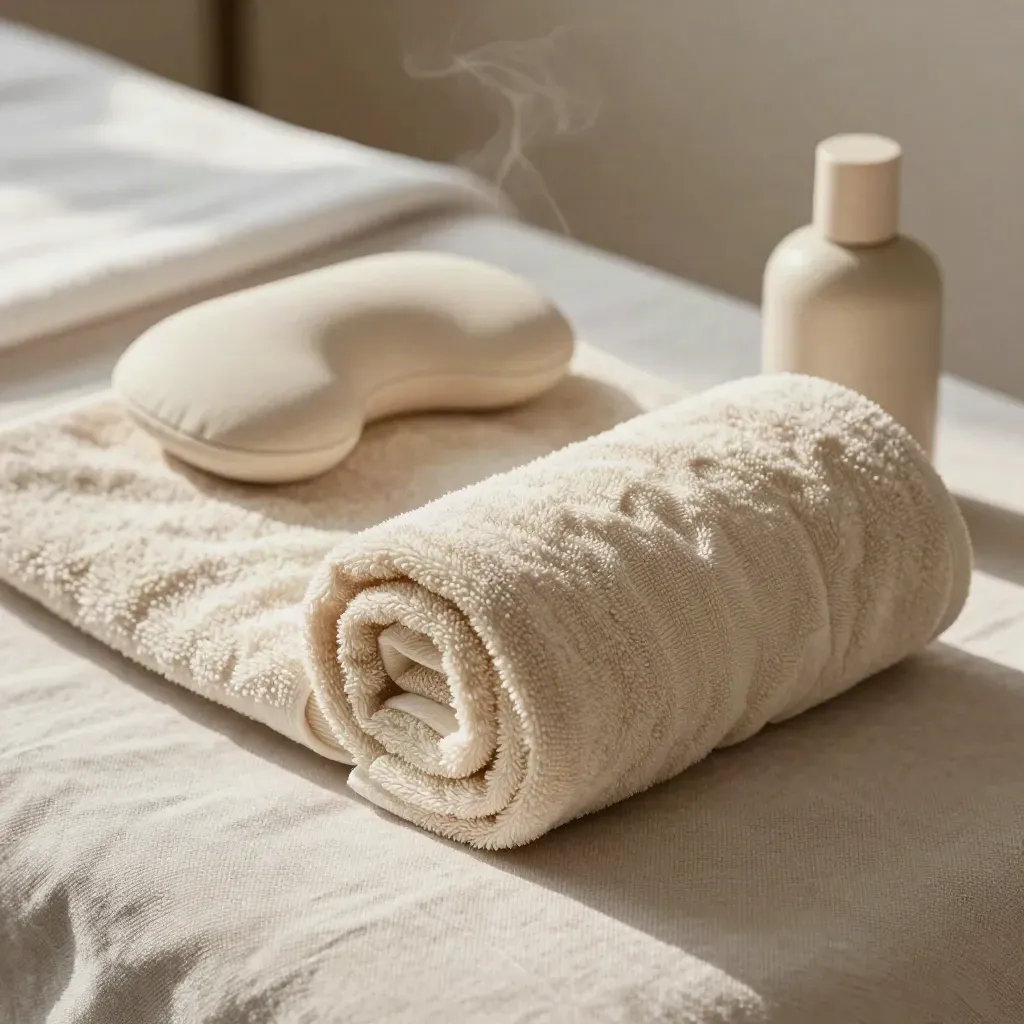 Serviette chaude, coussin cervical et huile neutre sur table de soin en lin, lumière douce.