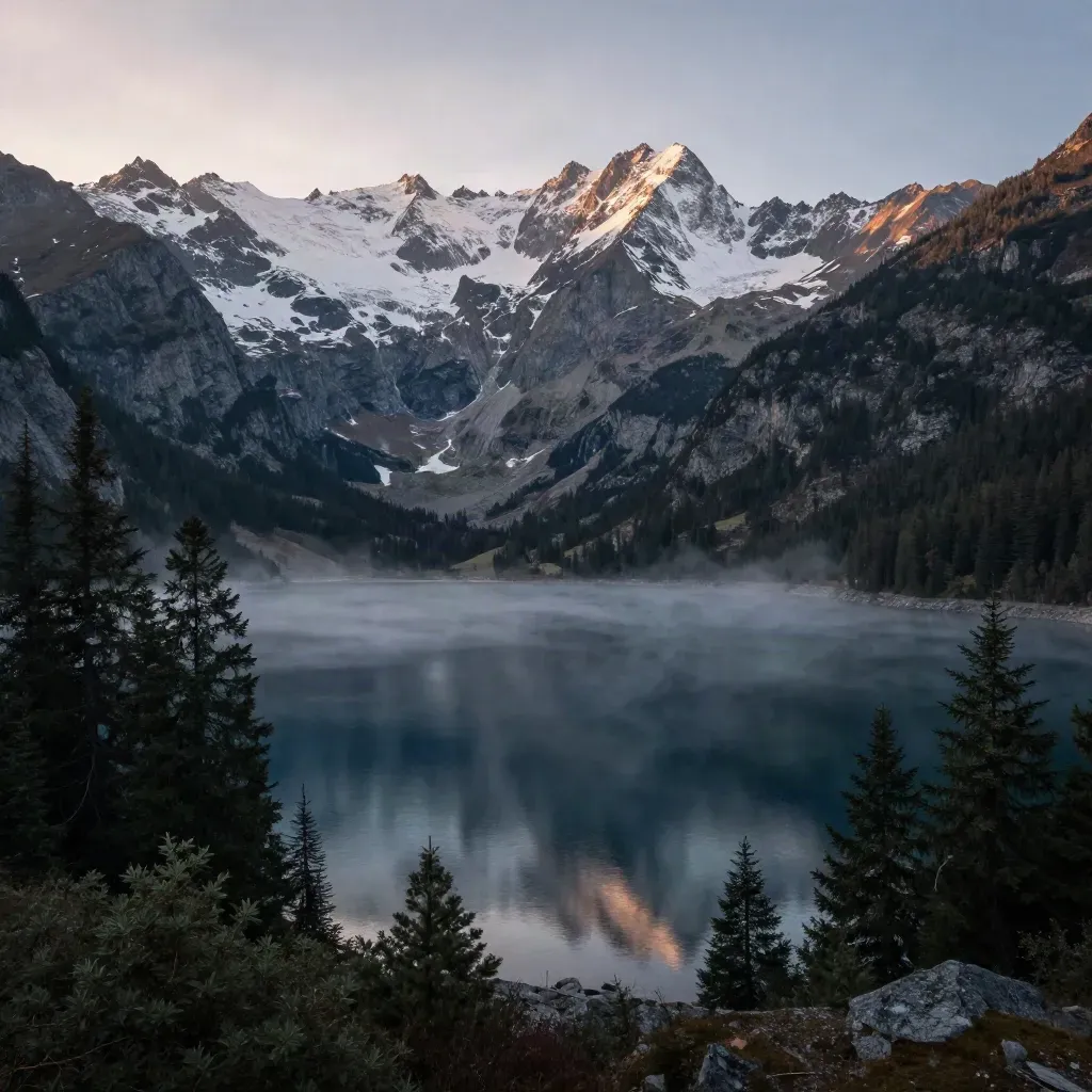 Lac alpin brumeux au lever du jour, crêtes enneigées et sapins sombres