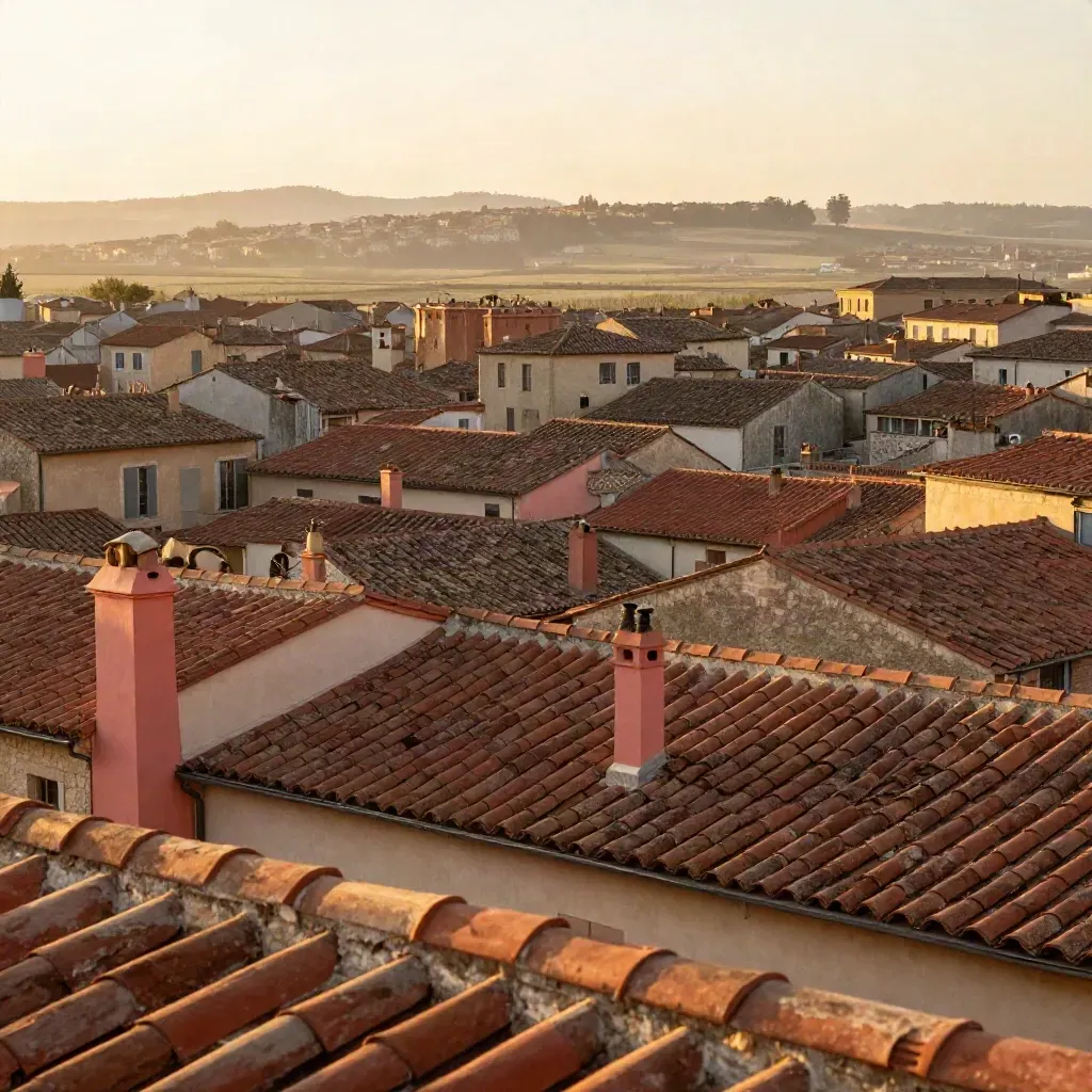 Vue aérienne de toits en terre cuite et pierre rose dans la lumière dorée d’Occitanie.