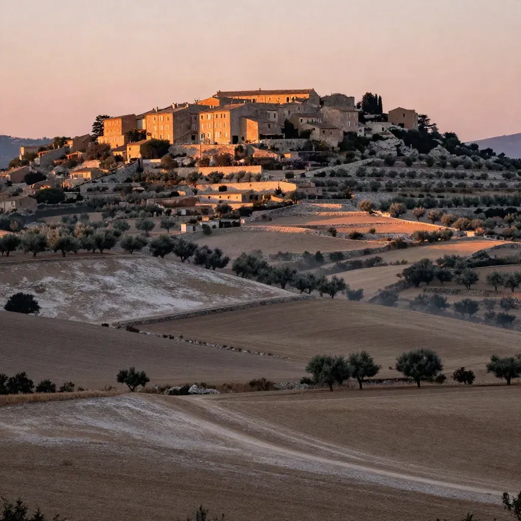 Colline provençale avec village perché, oliviers et lumière dorée du soir
