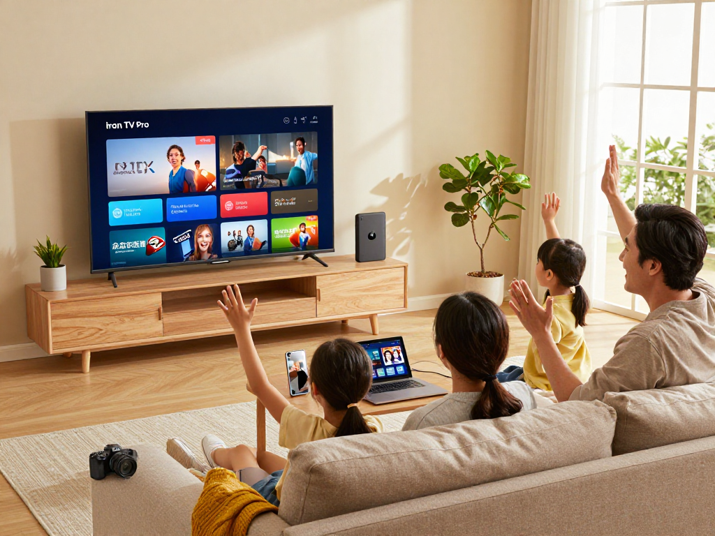 Une famille profitant d'une soirée de streaming avec Iron TV Pro sur un téléviseur HD.