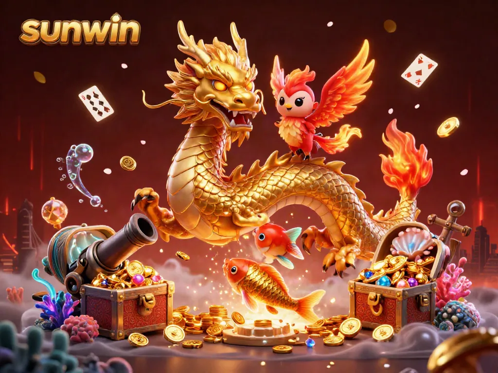 Experience the thrill of gaming with sunwin, featuring a golden dragon, phoenix, and coins in an exhilarating casino scene.