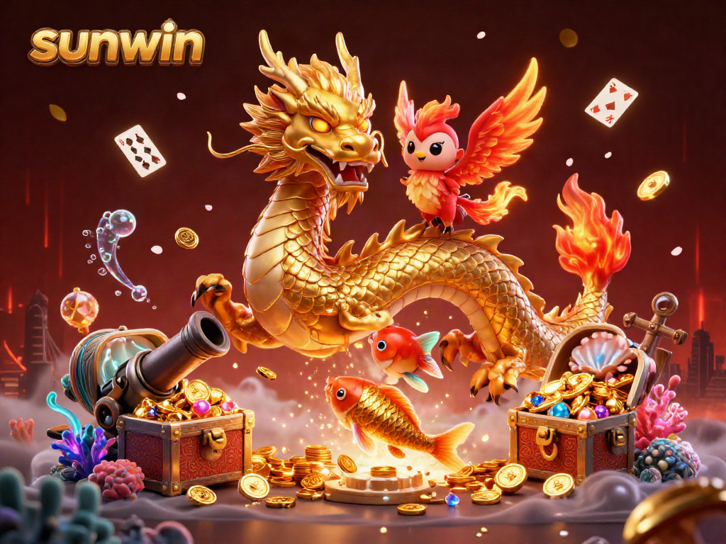 Experience the thrill of gaming with sunwin, featuring a golden dragon, phoenix, and coins in an exhilarating casino scene.