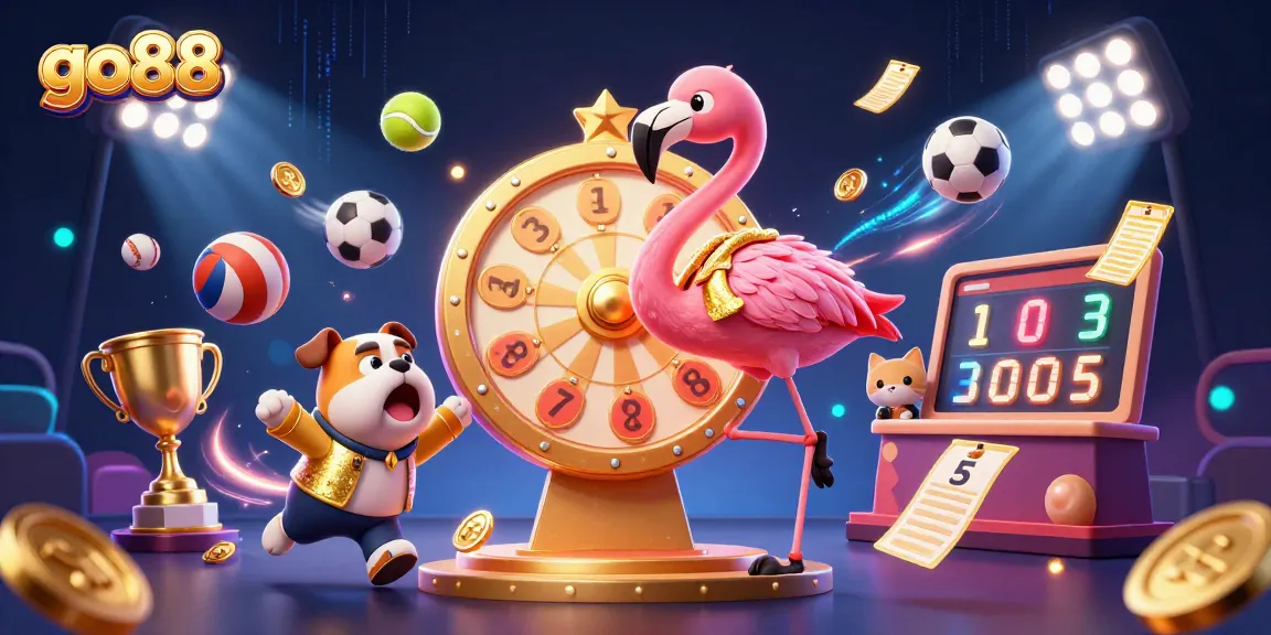 Excited contestants at a go88 game show with vivid animated elements, showcasing thrilling casino action.