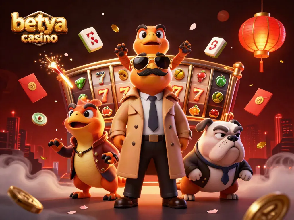 Experience vibrant gameplay at betya casino with illustrated raptors in a trench coat trying to enter a VIP lounge.