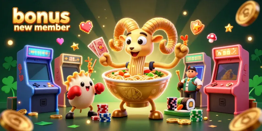 Engage with the vibrant bonus new member promotion featuring 3D cartoon characters and casino elements.