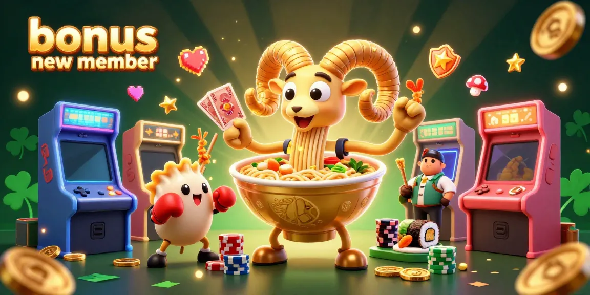 Engage with the vibrant bonus new member promotion featuring 3D cartoon characters and casino elements.