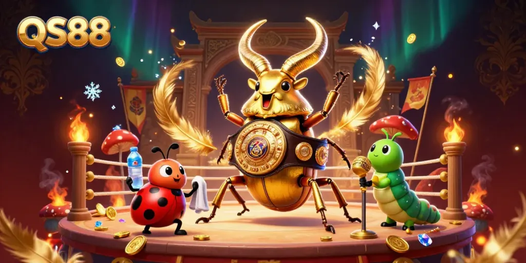 Experience thrilling action at QS88 as a giant golden stag beetle faces off in a dynamic gambling-themed battle.