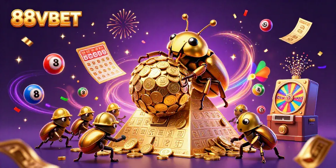 Engage with the thrilling world of 88VBET featuring a golden dung beetle rolling coins amidst vibrant casino elements.