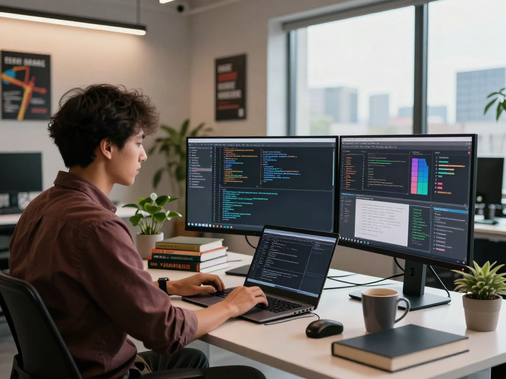 Développeur travaillant à son bureau, affichant le logiciel Atlas pro, entouré de technologie moderne et d'une atmosphère inspirante.