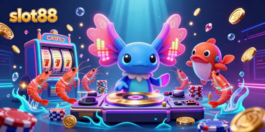 Engage with slot88's vibrant casino atmosphere featuring a lively axolotl DJ and colorful gaming elements.