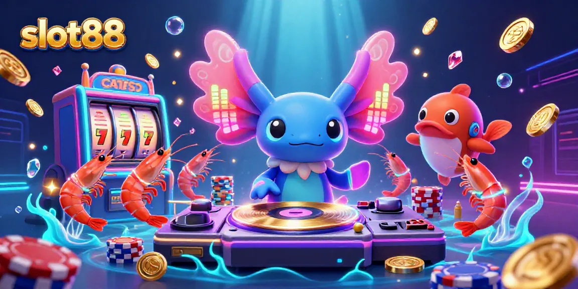 Engage with slot88's vibrant casino atmosphere featuring a lively axolotl DJ and colorful gaming elements.