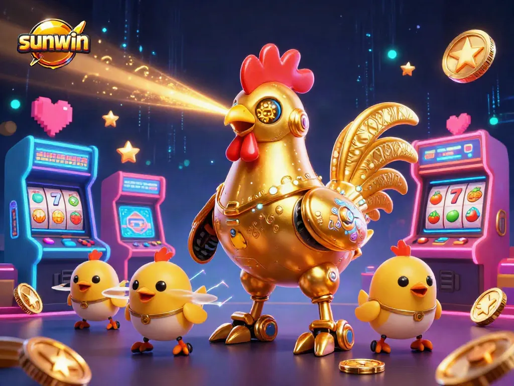 Experience sunwin's vibrant casino games with golden rooster and animated characters.