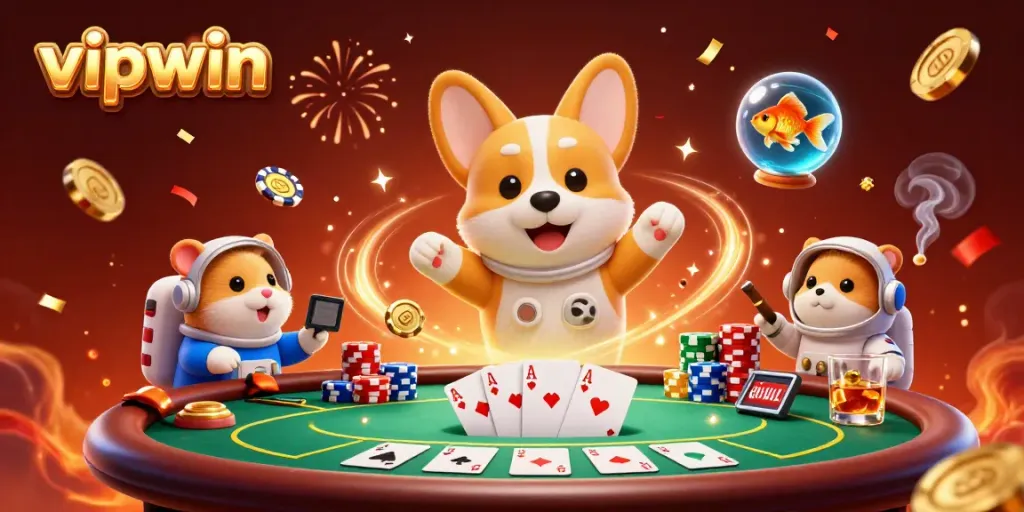 Experience thrilling gameplay at vipwin with a corgi in a zero-gravity casino scene.