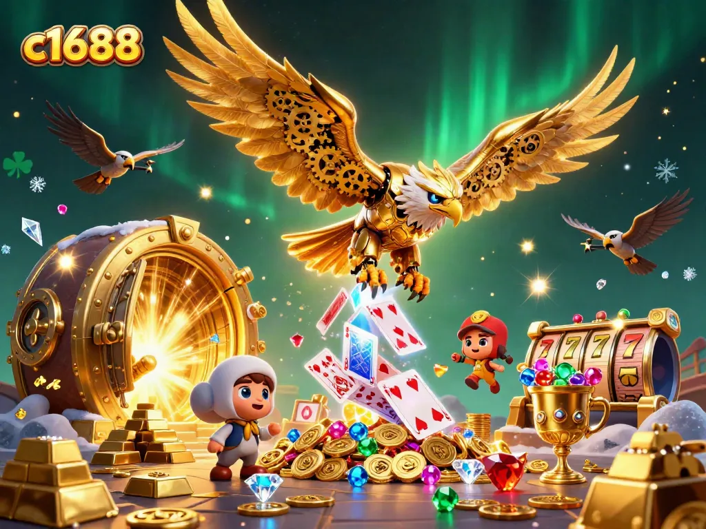 Experience thrilling gameplay with c1688 as the golden eagle navigates through casino riches and holographic cards.