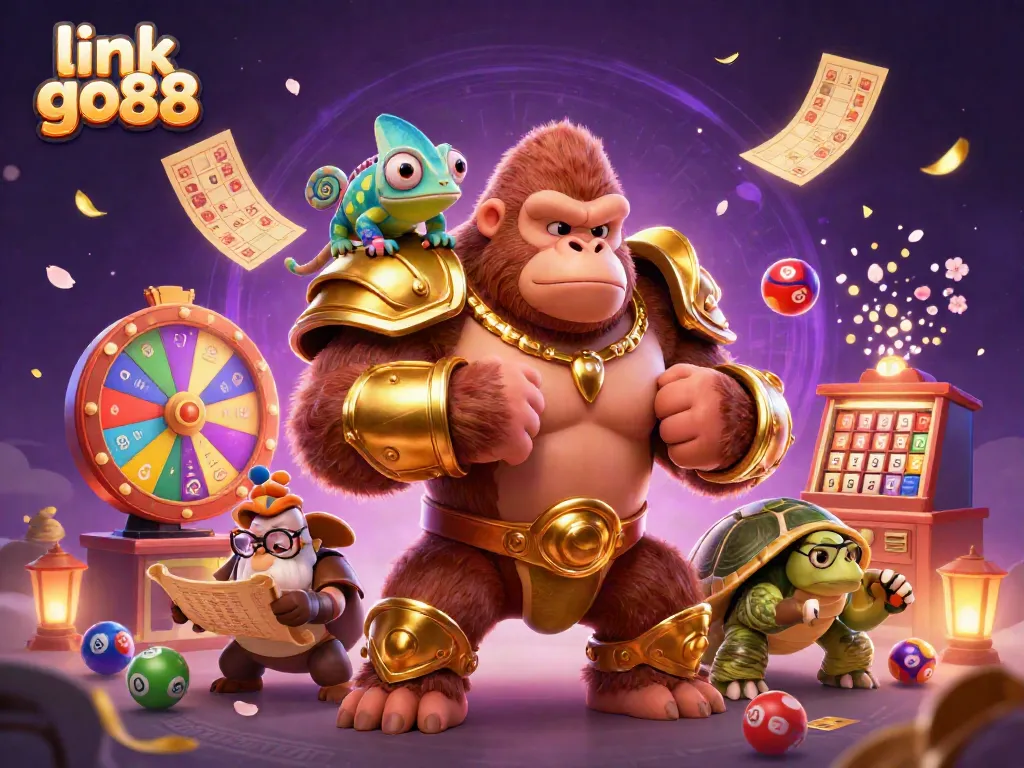 Engaging scene of gambling excitement featuring king gorilla, chameleon, and tortoise elder at link go88