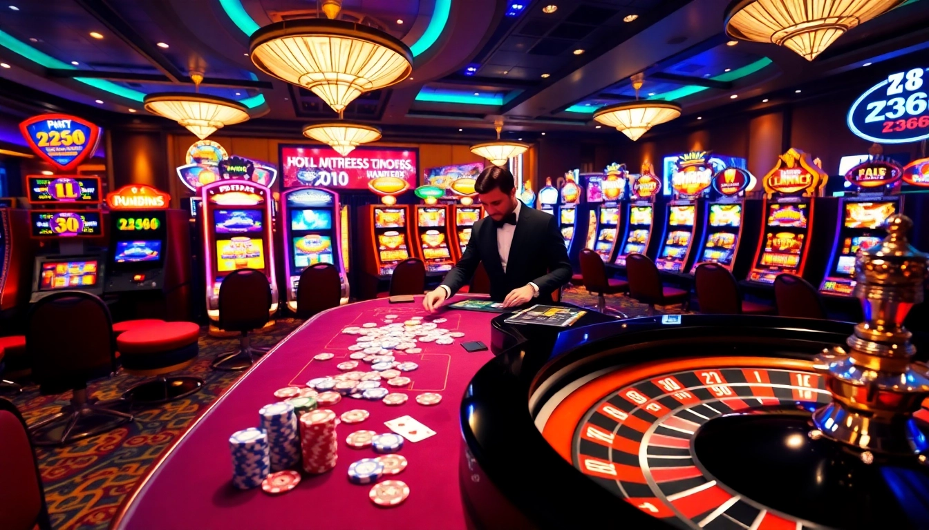 ZB368 casino scene with vibrant tables, poker chips, and an engaging dealer, showcasing an exciting gambling atmosphere.