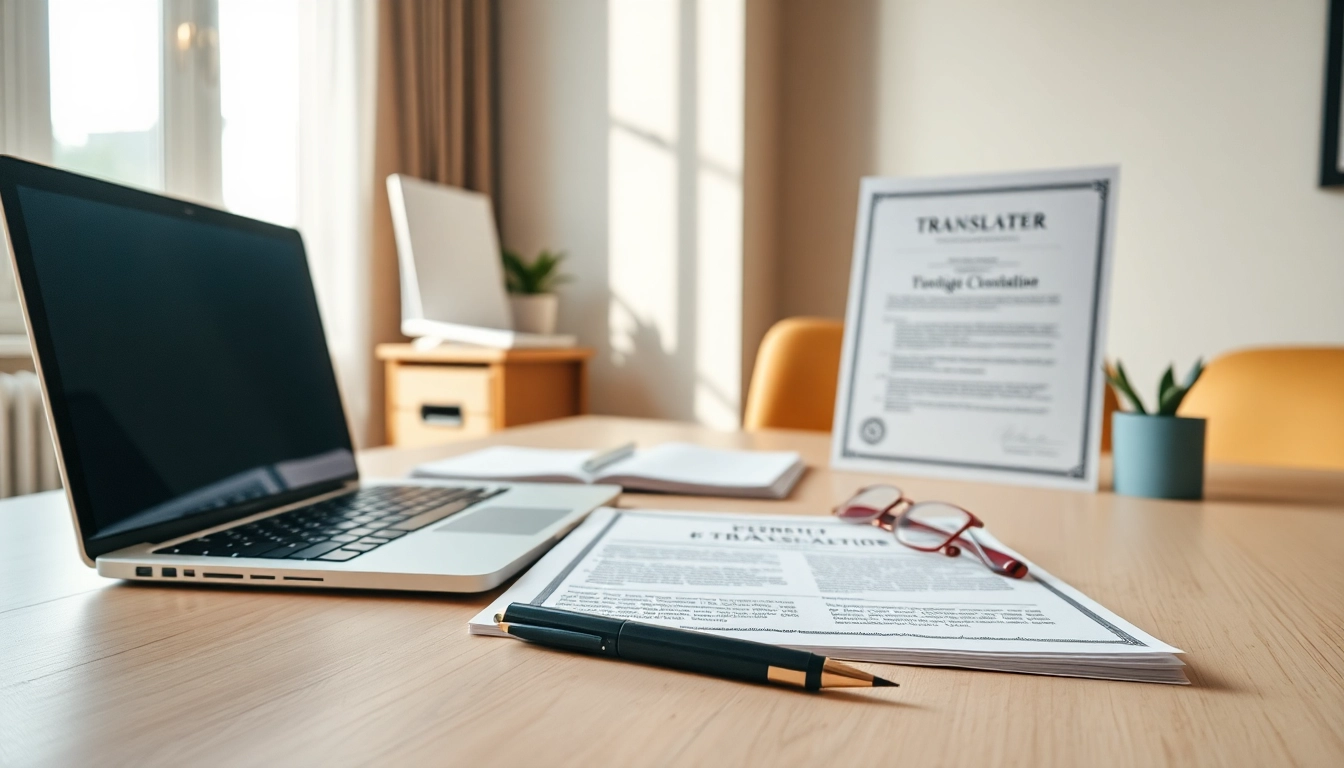 Traducteur assermenté travaillant à un bureau organisé avec des documents de traduction et un ordinateur portable.