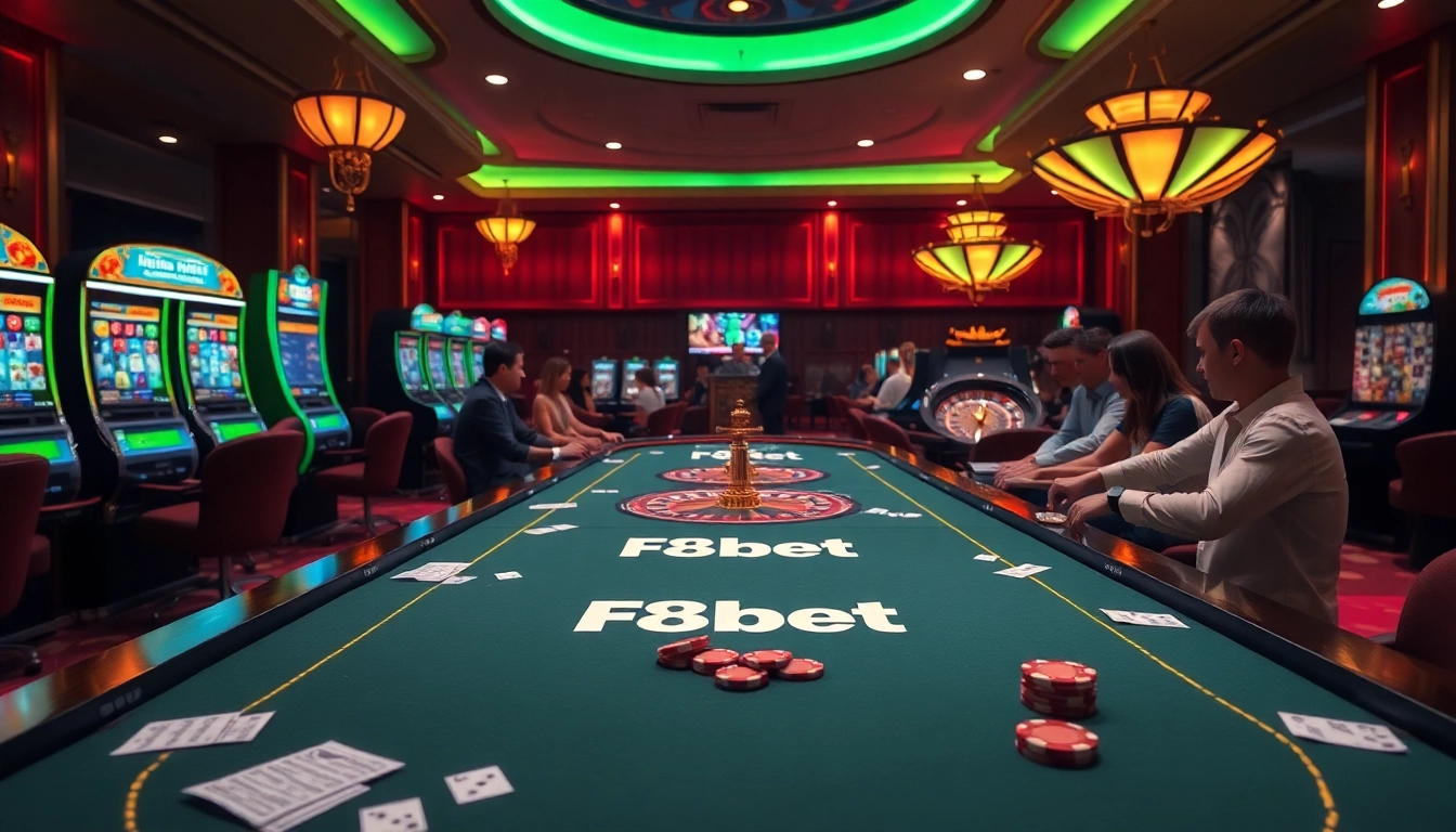 F8bet casino scene with players excitedly engaging at the roulette table and slot machines.