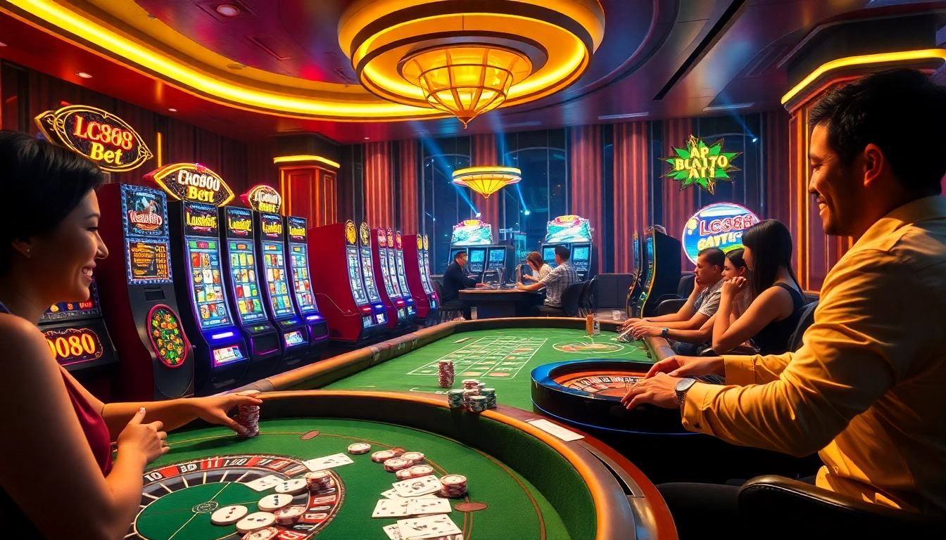 Excited players strategizing their lc88 bet at luxurious gaming tables with vibrant slot machines.