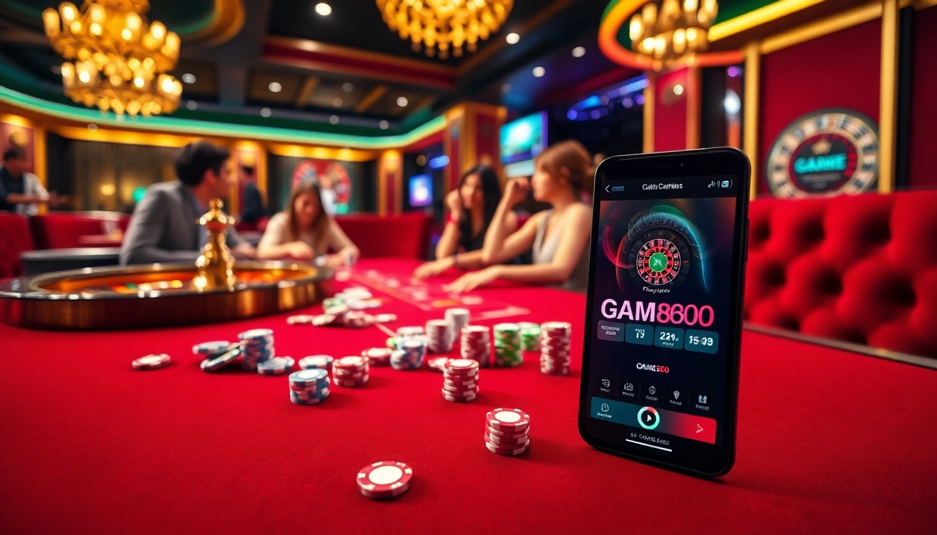 Experience the excitement of GACAM888 with vibrant casino tables and spinning roulette wheels.