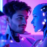 An engaging scene of a user interacting with an AI sex bot, showcasing advanced technology and a calm atmosphere.