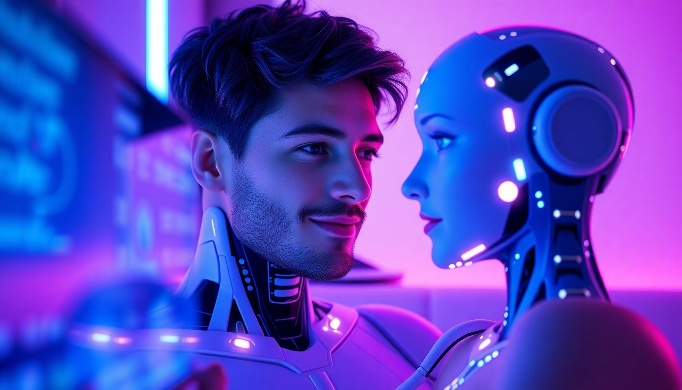 An engaging scene of a user interacting with an AI sex bot, showcasing advanced technology and a calm atmosphere.