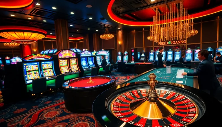 Experience the thrill of gambling at f8bet.com with poker tables and a roulette wheel.