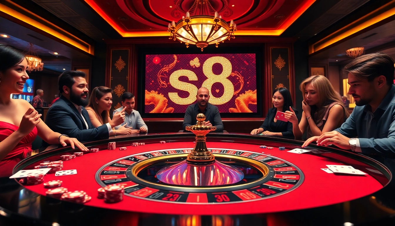 Exciting gaming action at a luxurious S8 casino table with vibrant poker chips and roulette wheel.