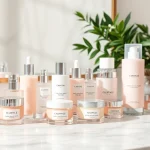 Utforska premium hudvårdsprodukter online som visas i en elegant skönhetsmiljö.