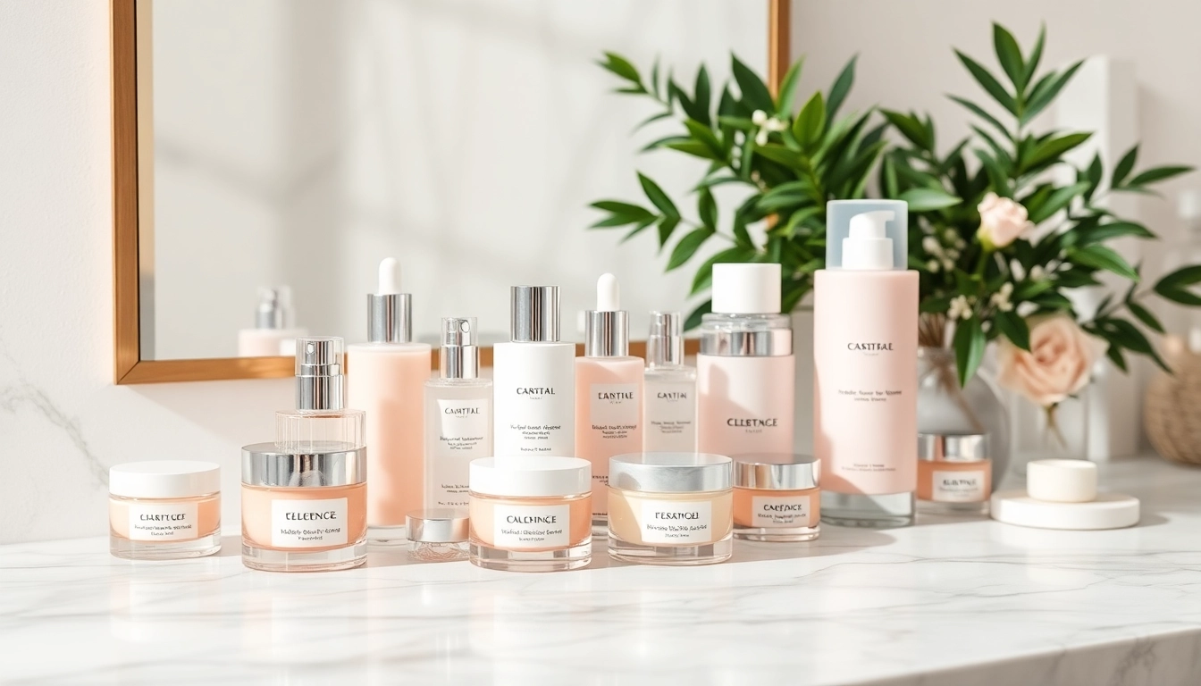 Utforska premium hudvårdsprodukter online som visas i en elegant skönhetsmiljö.