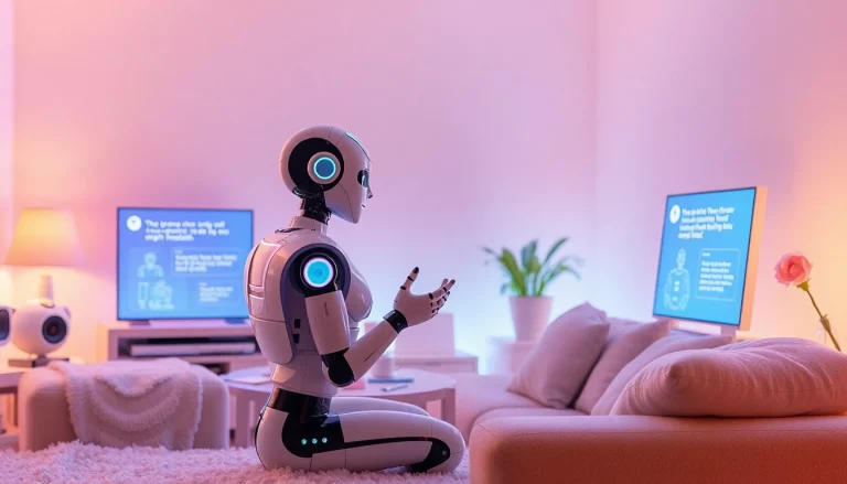 An AI sex bot engaging in intimate conversation with a user in a cozy setting, highlighting emotional connection and technology.