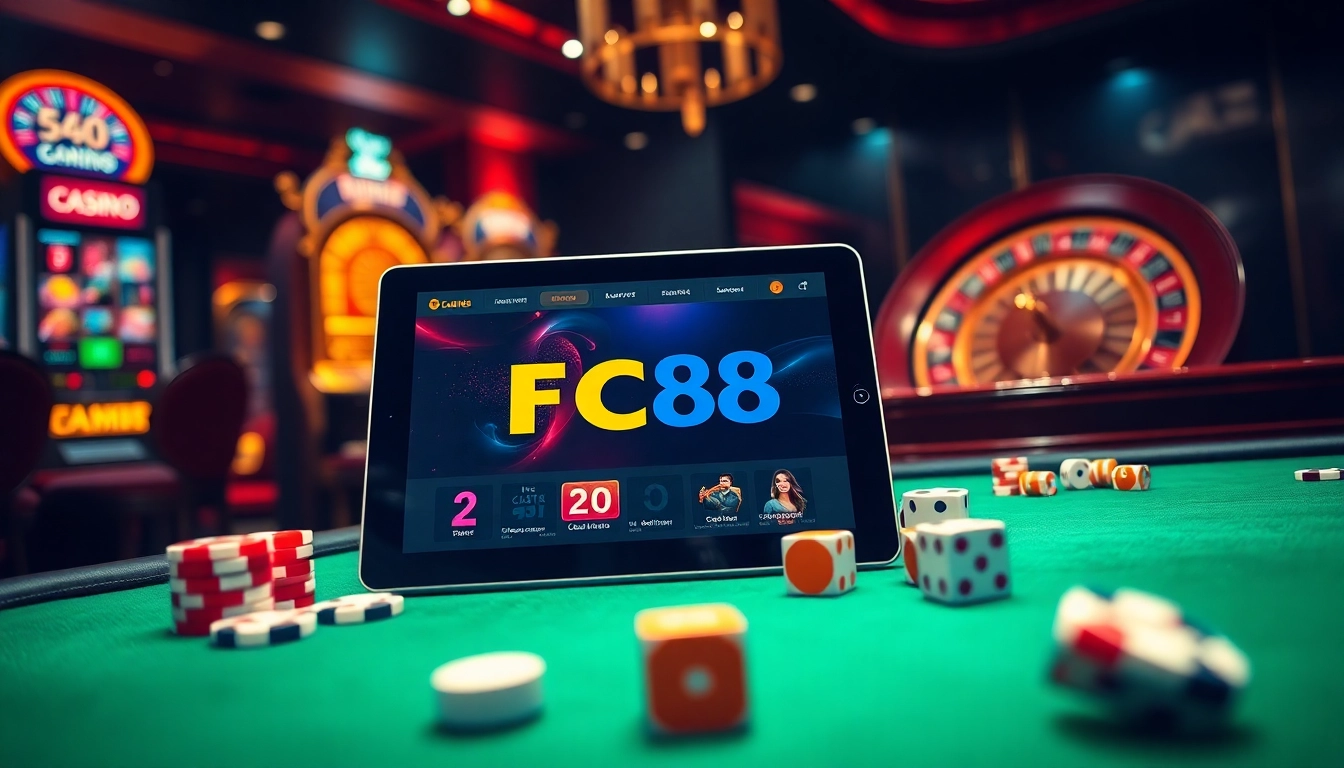 Watch players enjoy thrilling games at Nhà cái fc88 with vibrant slot machines and a roulette wheel.